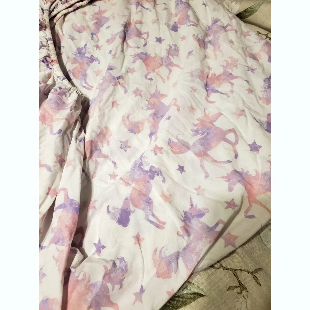 Your Zone Fitted Sheet White Purple Pink Unicorn Stars Cotton Bedding Full Size